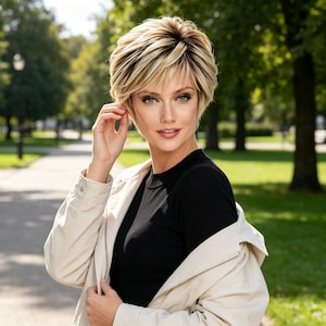 May include: A short, layered wig featuring a blend of blonde and dark brown highlights. The hair is styled with side-swept bangs and volume at the crown, creating a textured, multi-dimensional look that frames the face with soft, feathered ends.