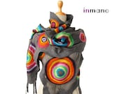 SALE!!!  handmade felted scarf gray multicolor circles (rainbow scarf), silk wool nuno felted fairy scarf, felted eco shawl, wrap art