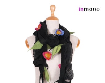 SALE!!!   elegant felt, nuno felted necklace, collar, jewerly, wrap, gorget, neckwear, fairy floral black with pink and blue flowers, gift