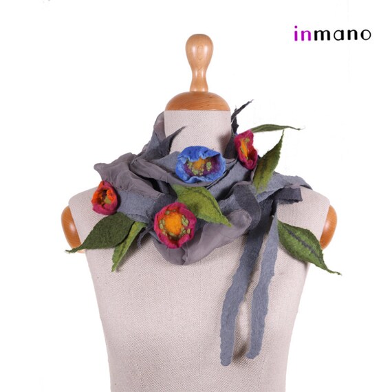 gorget by inmano nuno felted necklace collar shawl felted shawl rosy flowers SALE!!