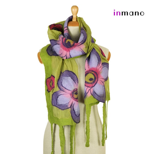 nuno felted scarf, spring flowers green, wearable art silk  wool fiber nunofelt scarf, fairy shawl felted shawl, felted wool scarf by inmano
