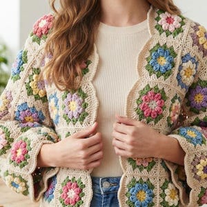 Könnte beinhalten: Eine beige Häkeljacke aus einzelnen Granny Squares mit Blumenmotiven in Rosa, Blau, Gelb und Grün. Das Kleidungsstück hat einen gewellten Rand entlang der Vorderöffnung und an den Ärmelbündchen sowie lange Ärmel und eine lockere Passform.
