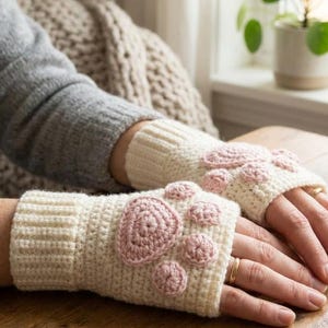 May include: A pair of cream-colored fingerless gloves featuring a ribbed cuff and a crocheted pink paw pad design on the back of the hand. The gloves are crafted from yarn and cover the wrist and palm area while leaving the fingers exposed.