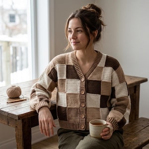 May include: A long-sleeve V-neck cardigan featuring a checkered pattern in shades of cream, tan, and dark brown. The garment is constructed with a crochet stitch, includes a front button closure with five round buttons, and has ribbed cuffs and hem.
