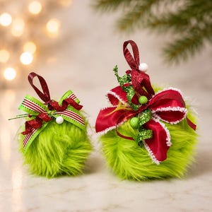 Fuzzy Grinch Christmas Ornaments | Lime Green Holiday Decor (Handmade)