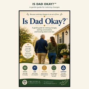 May include: A guide titled Is Dad Okay? featuring the subtitle A gentle guide for noticing changes. The design includes a photo of two people walking, text about noticing changes, and five icons labeled Notice, Ask, Record, Act, and Support.