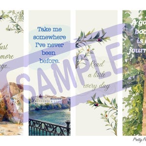 Può includere: Quattro segnalibri verticali con illustrazioni ad acquerello di paesaggi mediterranei, rami d'ulivo e architettura in pietra. Il testo include: Just one more page, Take me somewhere I've never been before, Read a little every day, A good book is a journey.