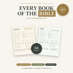 May include: A set of Bible study guides titled Every Book of the Bible on one beautiful page each, featuring 66 books in a printable PDF format. The design includes two sample pages for Genesis and John, measuring 8.5 by 11 inches in size.