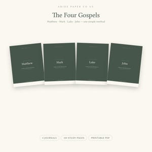 May include: Four dark green journals titled The Four Gospels, with individual covers labeled Matthew, Mark, Luke, and John. The text reads Abide Paper Co US, The Four Gospels, Matthew, Mark, Luke, John, one simple method, 4 journals, 109 study pages, printable PDF.