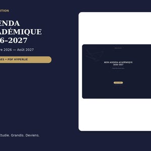 Peut inclure: Un agenda académique numérique intitulé MOON EDITION AGENDA ACADÉMIQUE 2026-2027, couvrant septembre 2026 à août 2027. L'interface bleu foncé présente du texte blanc, 593 pages, un format PDF hyperlié et la phrase Planifie. Étudie. Grandis. Deviens.