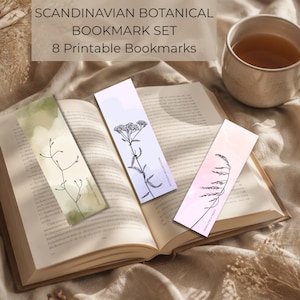 Druckbare Lesezeichen mit botanischen Motiven, minimalistische skandinavische Wildblumen-Linienzeichnungen, 8er-Set, digitale Lesezeichen, DIY-Geschenk, Geschenk für Bücherliebhaber
