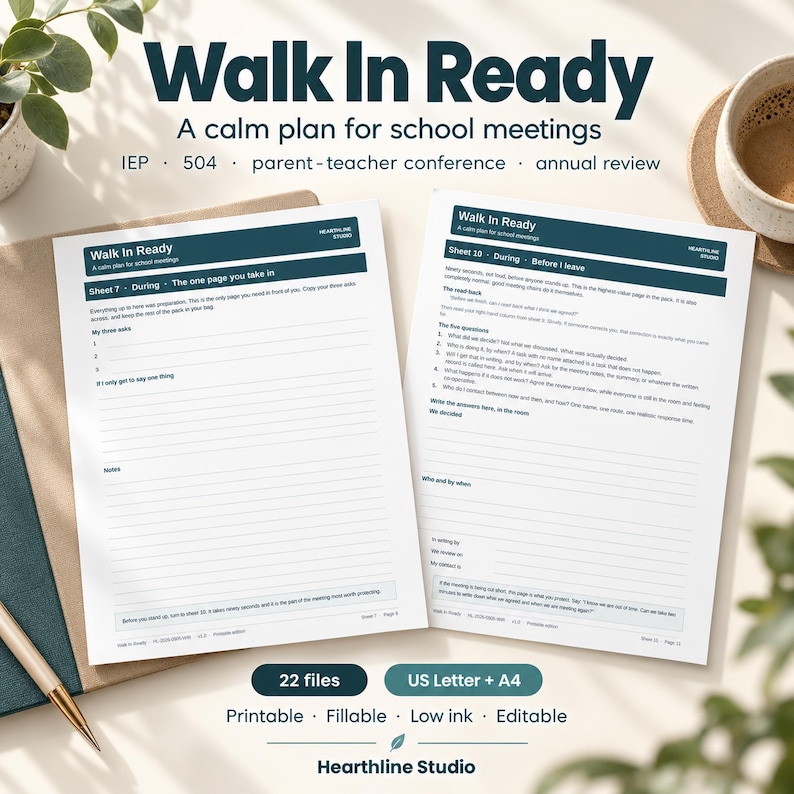 Purple Walk In Ready school meeting planner pages and cover