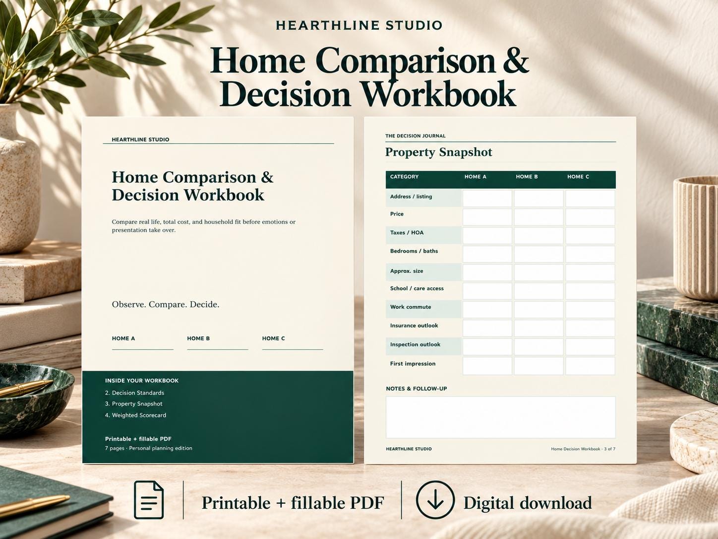 Home Comparison and Decision Workbook printable and fillable PDF digital download preview