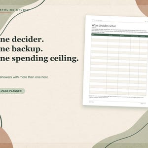 May include: A 41-page planner page titled Who decides what, featuring a table with columns for date, decider, backup, spending ceiling, and report by. The text reads One decider. One backup. One spending ceiling. For showers with more than one host.