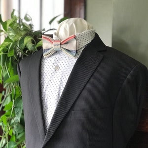 Puede incluir: Una chaqueta de traje de rayas finas negras con una camisa blanca abotonada y una pajarita a rayas en tonos rosa, azul y beige.