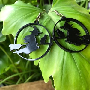 Witch w/Cat Black Acrylic Dangle Earrings | Dangle Earrings | Black | Halloween | Halloween Earrings | Wedding | Gift for Her | Birthday