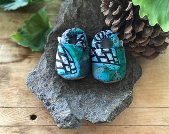 Abstract Art Baby Moccasins | Baby Gift | Baby Shower Gift | Teal/Purple/White | Baby | Crib Shoes | Moccasins | Baby Shoes