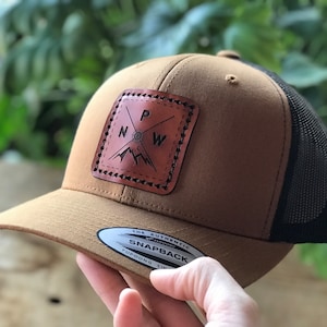 PNW Retro Trucker Hat | Caramel and Black | PNW | Hat | Birthday | Anniversary | Gift for Her | Gift for Him | Real Leather Patch