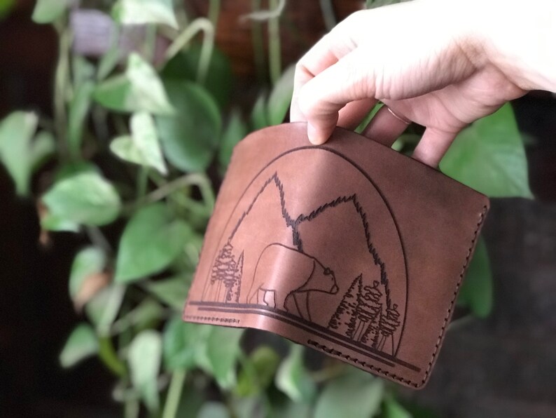 Cartera plegable de cuero de oso pardo / Oso pardo / Cartera de cuero / Cuero / Día del Padre / Aniversario / Cumpleaños / Relleno de medias / Marrón imagen 9