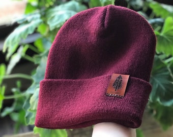 Live Simply Leather Patch Beanie | Burgundy Beanie | Beanie | Winter Hat | Christmas Gift | Anniversary | Gift for Her | Gift for Him | Hat