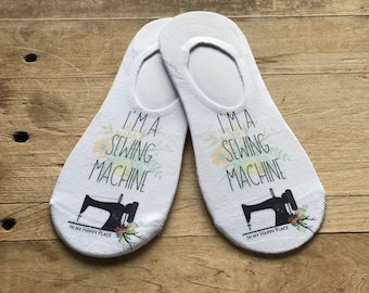 I'm A Sewing Machine No-Show Socks | Seamstress | Sewing | Socks | Antique Sewing Machine | Floral | Black, White, Light Green, Light Pink