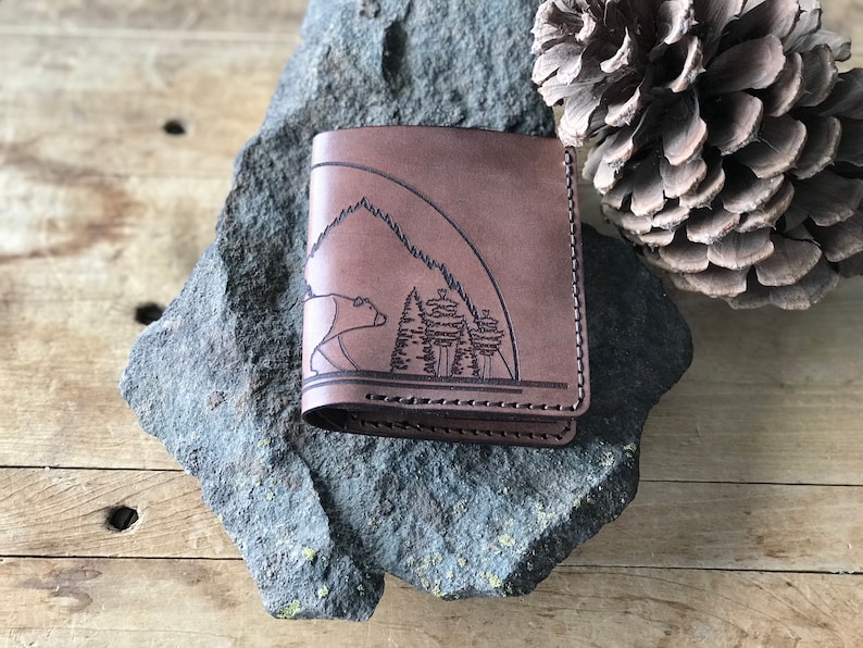 Cartera plegable de cuero de oso pardo / Oso pardo / Cartera de cuero / Cuero / Día del Padre / Aniversario / Cumpleaños / Relleno de medias / Marrón imagen 1