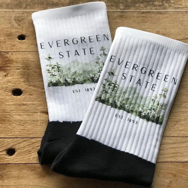 Evergreen State Est. 1893 Crew Socks | Evergreens | Mountains | Nature | Gift for Him | Birthday | Anniversary | Stocking Stuffer | White