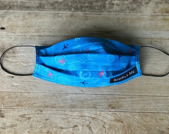 Face Mask | Face Protection | Machine Washable | Reversible | Reusable | Take Flight | Airplanes & Travel | Blue, Green, Pink | Handmade