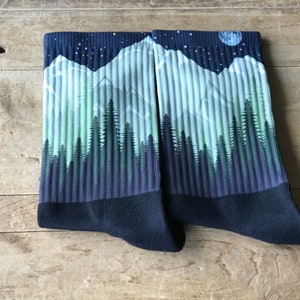 Night Mountain Scene Crew Socks | Mountains | Trees | Moon & Stars | Green | Gift for Him | Father's Day | Birthday | Stocking Stuffer