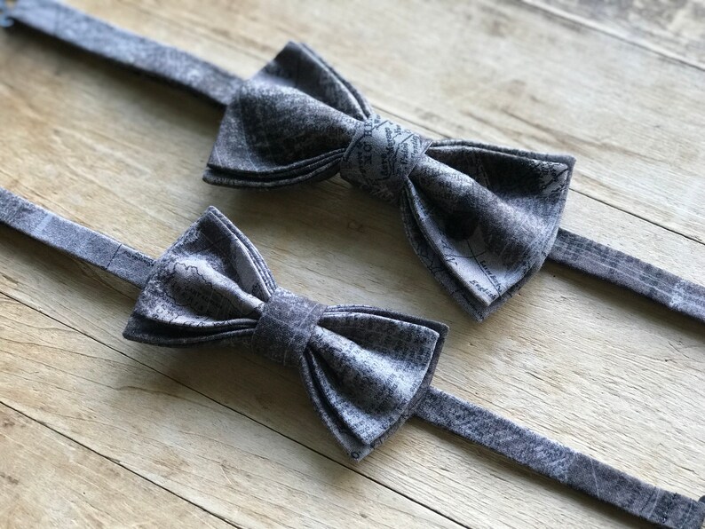 Gents and Dapper Lad Bow Tie Set Handmade Black and Grey Wedding World Traveler Gift Adjustable Simply Me \u2022 Gentlemen