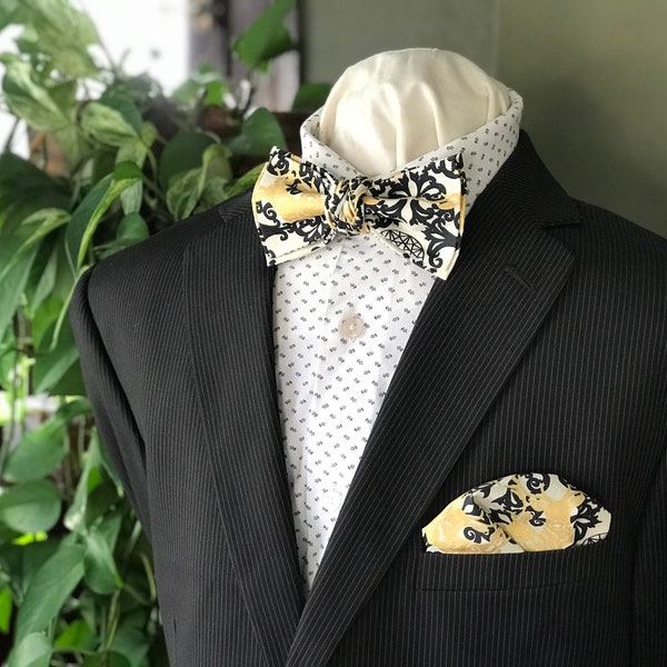 Simply Me • Gentlemen | Gent Bow Tie | Pocket Square | Made with Organic Fabric | Elk Damask Print | Blue/Cream/Gold | Handmade | New Years