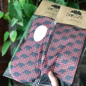 His and Hers Black Bear and Buffalo Plaid No-Show Socks | Footwear | Couples Gift | Wedding | Red and Black | Stocking Stuffer