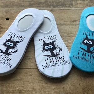 It&#39;s Fine, I&#39;m Fine, Everything is Fine Cat No-Show Socks | Set of 3 | Gift for Her | Gift for Him | Birthday | Anniversary | Charity | Cat
