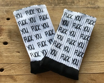 Offensive Content | F*ck You Crew Socks | F You | Crew Socks | Black/White | Gift for Him | Stocking Stuffer | Funny Socks | Gag Gift
