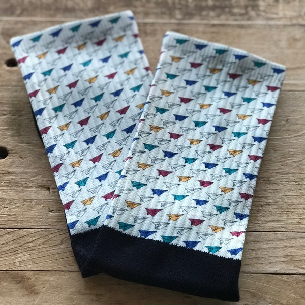 Paper Airplanes Crew Socks | Crew Socks | Paper Airplanes | Wine/Green/Mustard Yellow | Gift for Him | Father's Day | Stocking Stuffer