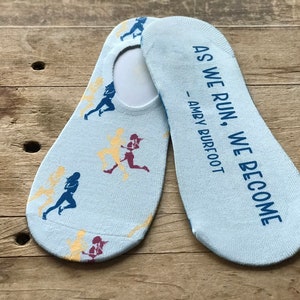 As we Run, We Become - Amby Burfoot No-Show Socks | Runner | Gift for Her | Gift for Him | Gift for Him | Grey/Blue/Yellow/Red | Birthday