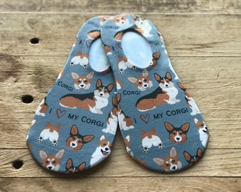 Corgi No-Show Socks | Corgi | Corgi Mom | Dog Socks | White/Tan/Dusty Blue | Gift for Her | Birthday | Mother's Day | I Heart My Corgi