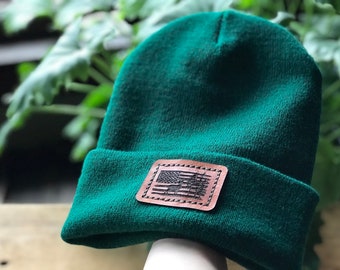 Spruce Green Beanie with Leather Patch | Flag | Deer | Beanie | Gift for Her | Gift for Him | Anniversary | Christmas | Birthday | Green