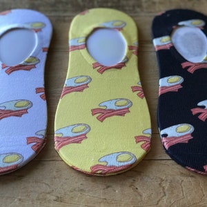 Bacon & Eggs No-Show Socks | Yellow, White, Black | No-Show Socks | Gift for Her | Gift for Him | Christmas | Birthday | Anniversary | Eggs