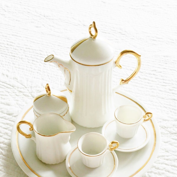 Vintage Cottage Home Childrens Snow White Tea Set with Gold Detailed Trim, Olives and Doves