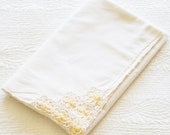 Vintage Cottage Home Snow White Table Linen with Floral Buttercup Yellow Crochet Thread Detailing, Olives and Doves