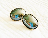 Vintage Cottage Home Polished Raven Black Augite Earrings with Gold Scalloped Trim, Romantic Home, Olives and Doves