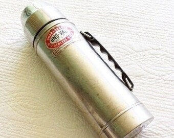 Vintage Uno-Vac Stainless Steel Thermos with Resin Handle, Mid-Century Vintage, Olives and Doves