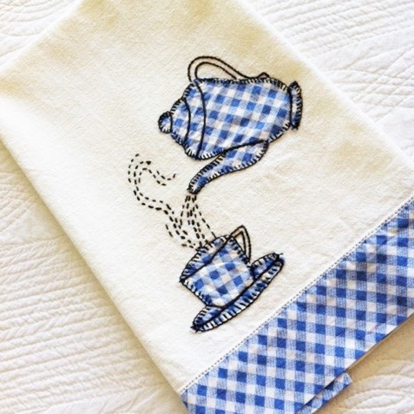 Vintage Cottage Home French Blue, Raven Black, and Heirloom White Handstitched Teacup Linen Towel, Olives and Doves