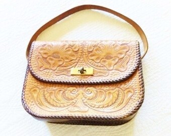 Vintage Tooled Floral Leather Purse, Mid-Century Fashion, Olives and Doves