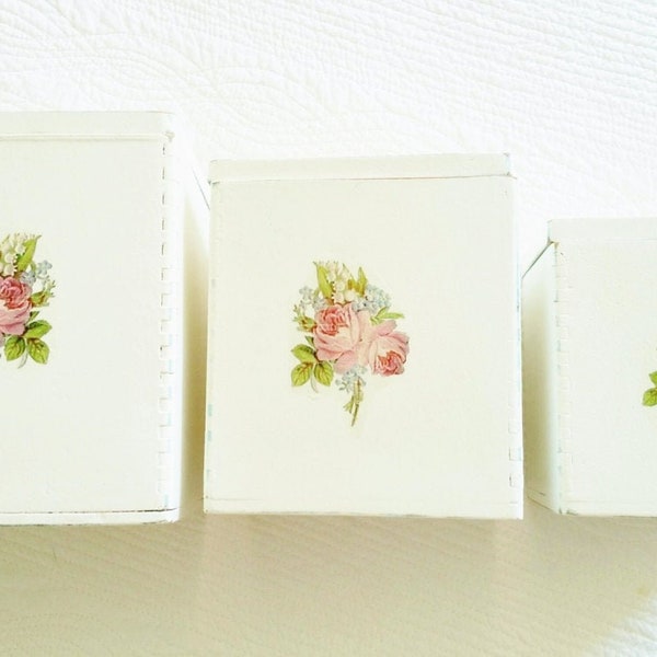 Vintage Cottage Home French Blue, Celadon Green, and Shabby Pink Rose Adorned Canister Set, Set of Three, Olives and Doves