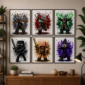 May include: A set of six framed wall art prints featuring Minecraft-style characters. Each rectangular print displays a unique blocky figure, including a crossbow-wielder, an axe-fighter, a magic-user, a dark skeleton, a piglin, and a purple-robed witch.