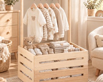 Wooden Baby Shower Crate Closet with Hanger Rack Newborn Nursery Clothes Organizer Keepsake Box Welcome Gift for New Parents & Mom to Be
