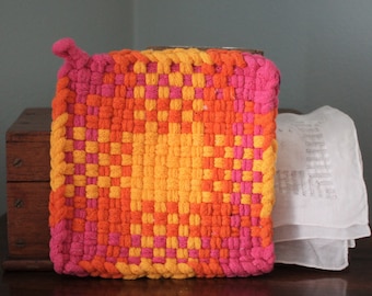 Retro Woven Cotton Pot Holder in yellow, orange & pink, potholder, old-fashioned, vintage kitchen, gift for cook, Christmas,stocking stuffer