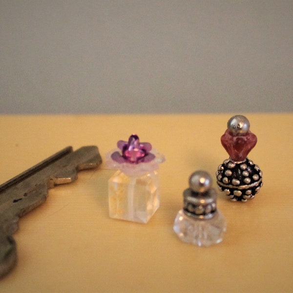 Miniature Pink, Crystal and Silver Perfume Bottles - 1/12 scale, 1:12, doll house, dollhouse, fairy garden, fairies, decanters, vanity set